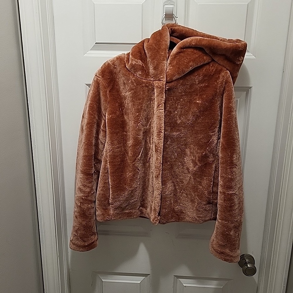 FOREVER 21 Rust Orange Faux‎ Fur Jacket with Oversized Hood Womens Size Large